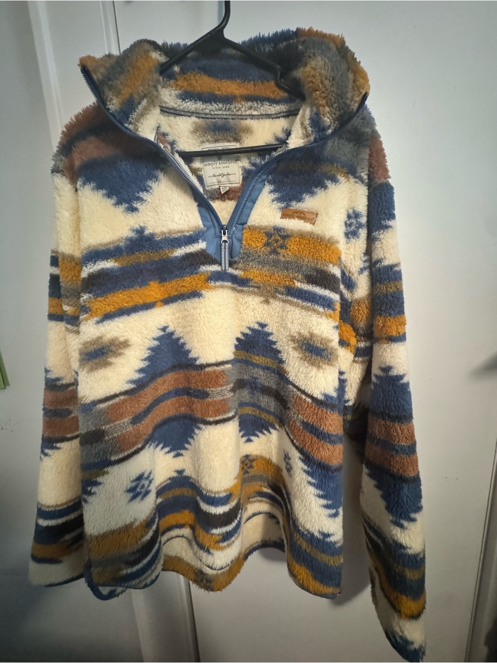 Simply Southern Aztec Half-Zip Sherpa Pullover - Cream, Blue & Brown